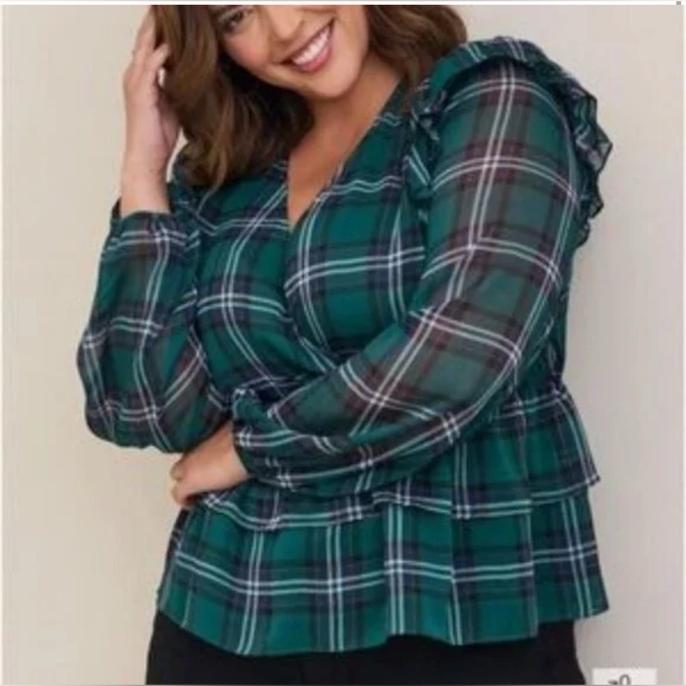 TORRID 10 Chiffon ruffled green plaid surplice woman polyester V Neck blouse